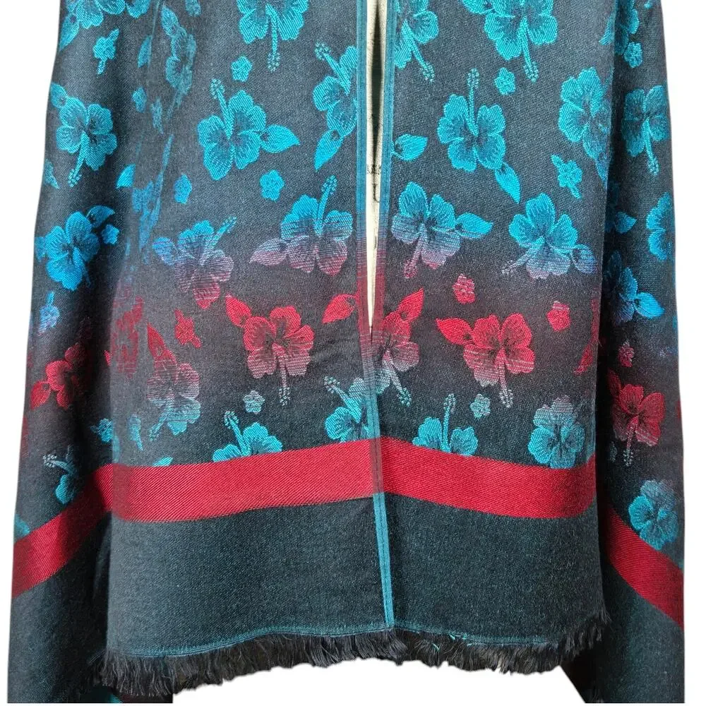 Floral Scarf Wrap Black Blue Red Hibiscus 27" x 70" Soft Pashmina‎ Type - Picture 3 of 8